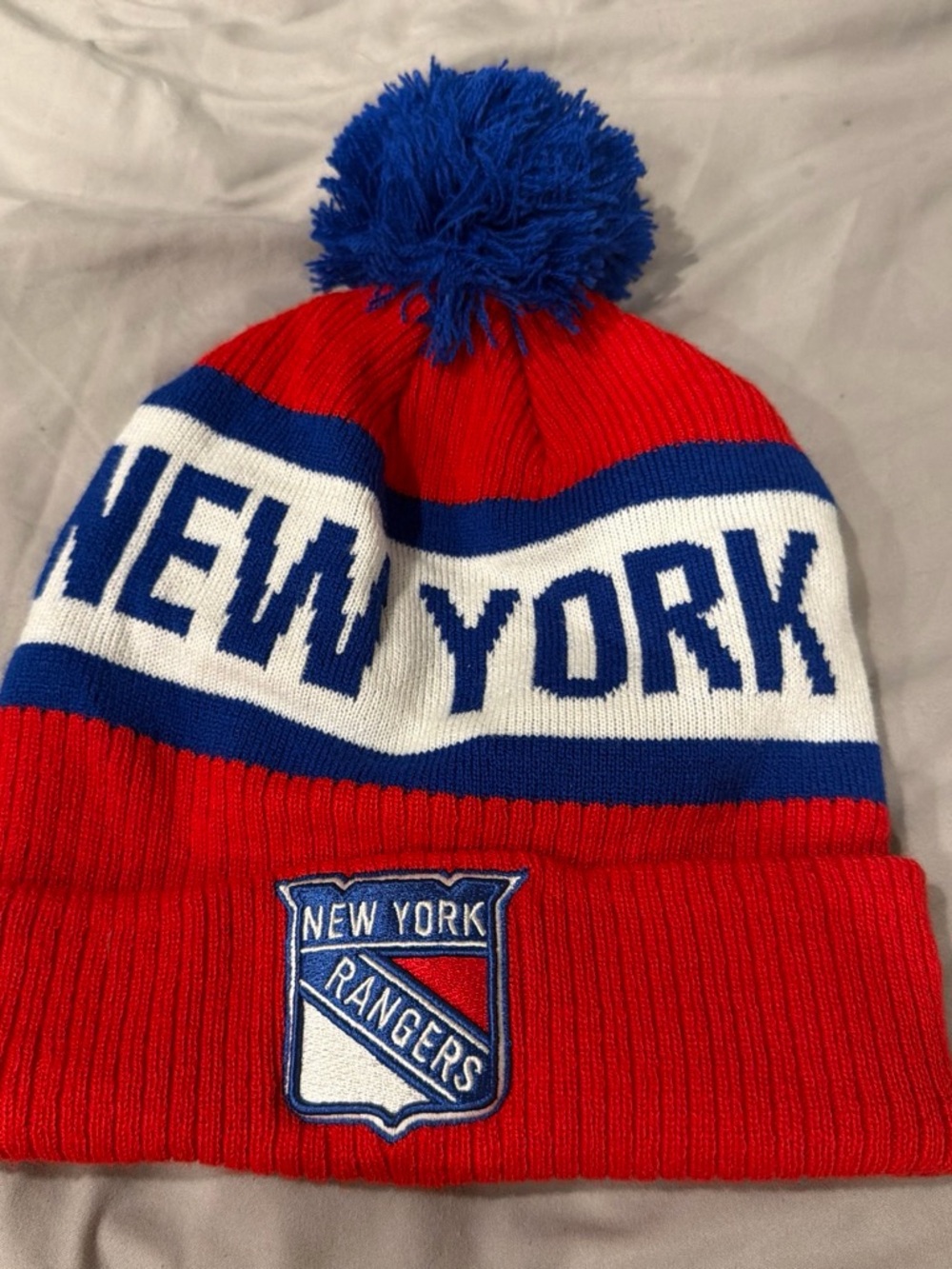Fanatics New York Rangers Red, Blue & White Pom Beanie